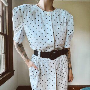 White midi/maxi polka dot dress vintage short sleeve buttons
